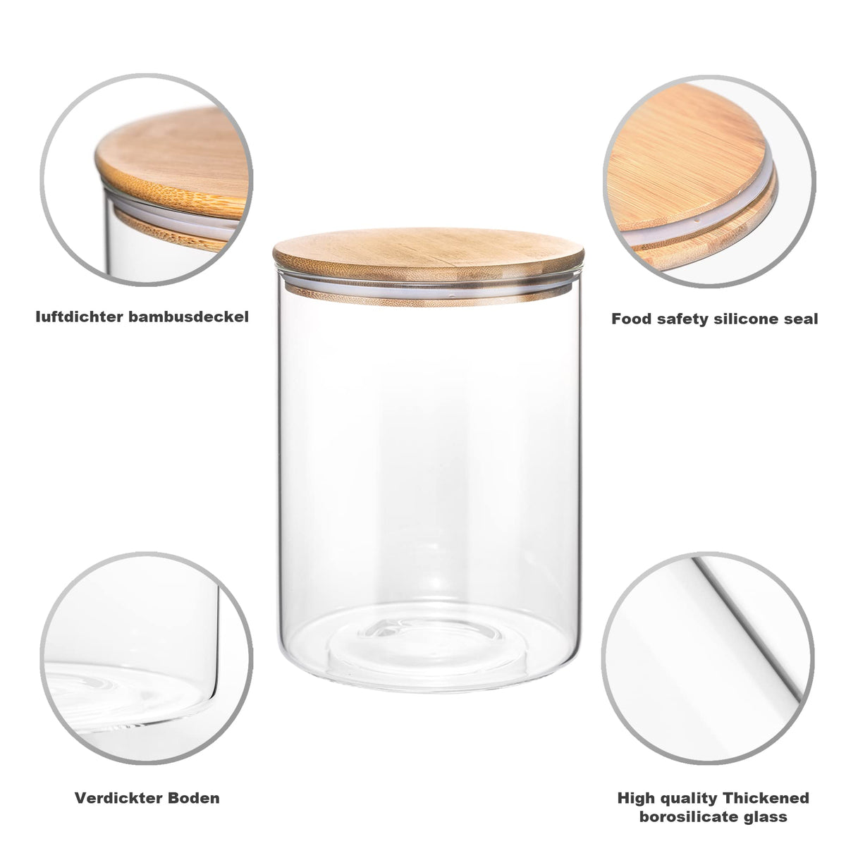 Airtight bamboo lid helps seal freshness with sustainable design.