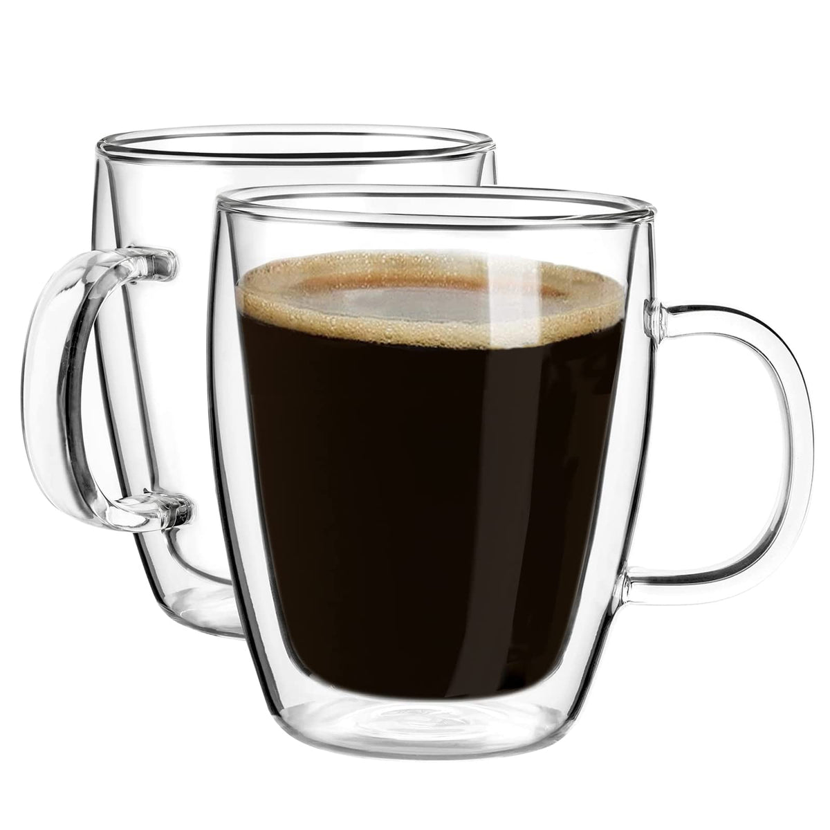 YUNCANG 16oz double-wall glass mug with a floating look and hot coffee comfort.