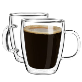 YUNCANG 16oz double-wall glass mug with a floating look and hot coffee comfort.