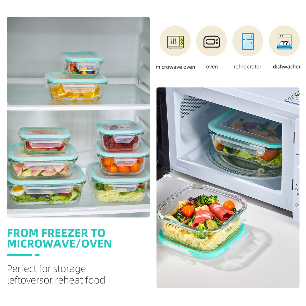 YUNCANG oven and microwave safe glass containers for easy reheating.