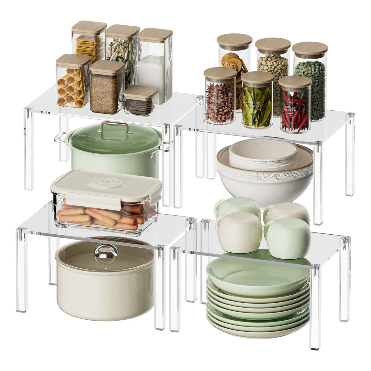 YUNEASELF clear cabinet organizer front view with dual-layer spice storage.