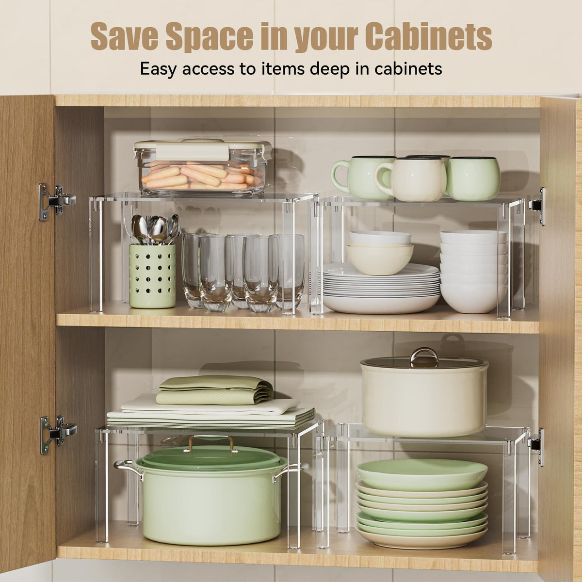 YUNEASELF clear cabinet organizer vertical stack maximizing cabinet space.