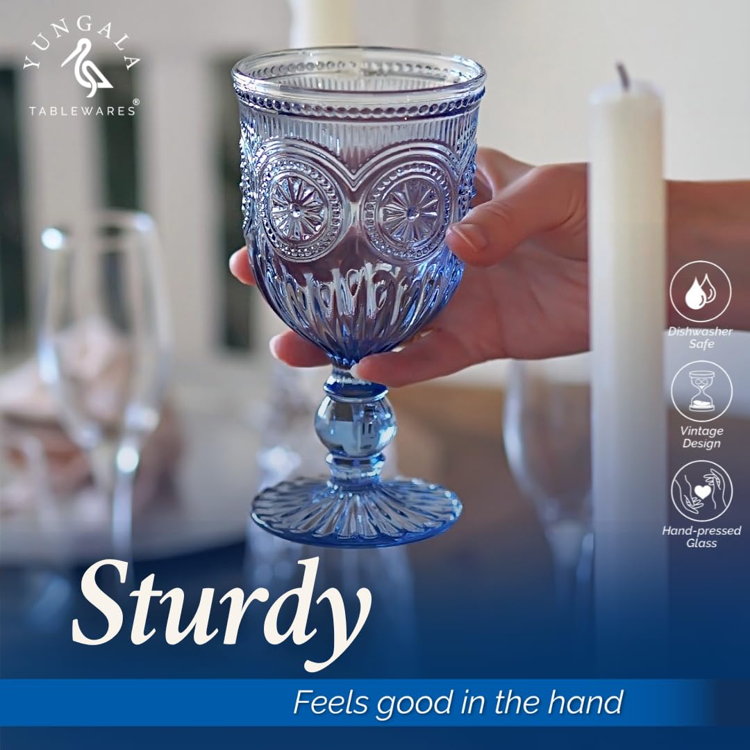 Yungala blue glass goblets, durable and dishwasher-safe, compatible with Sunflower collection.