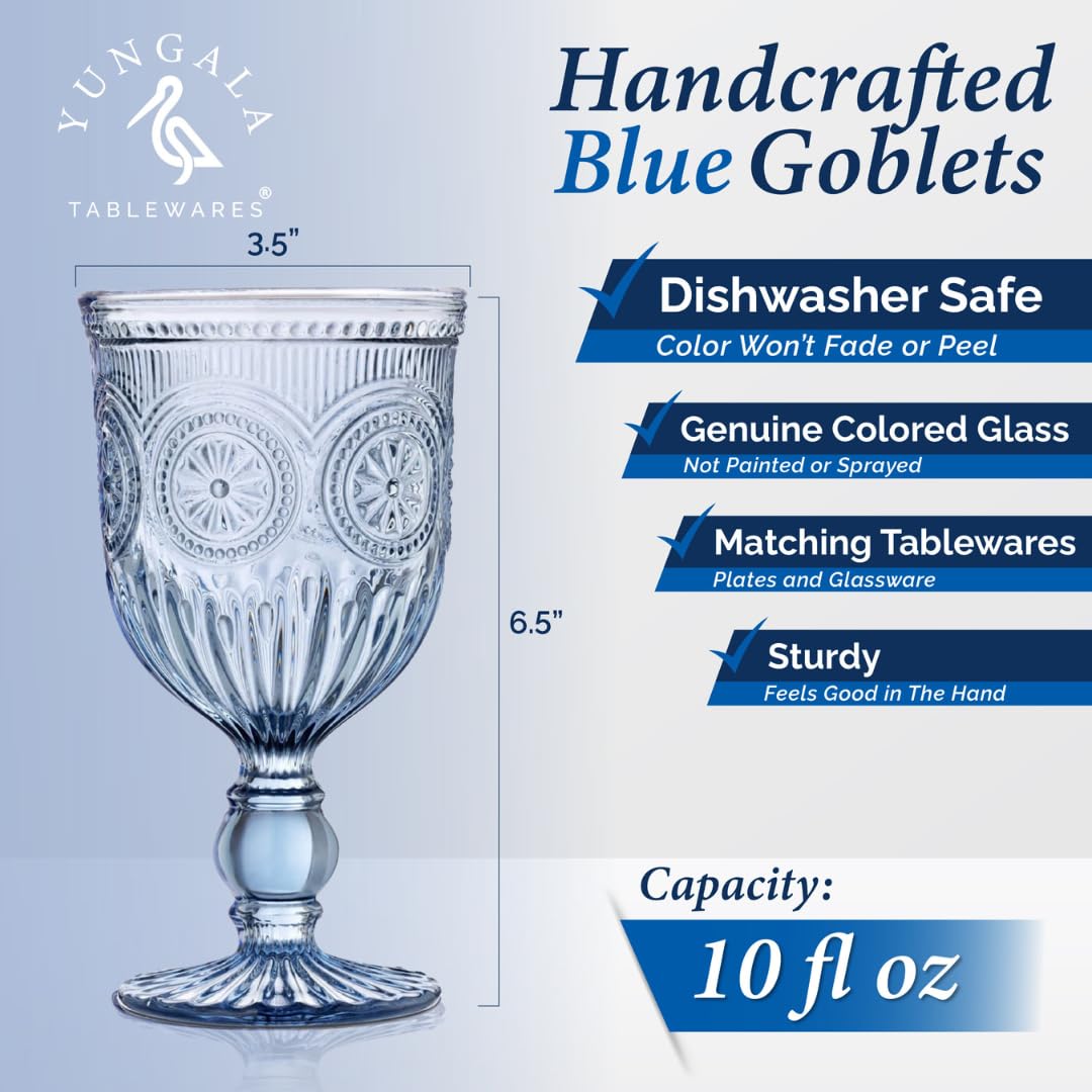 Yungala blue wine goblets with hobnail pattern, perfect for outdoor gatherings.