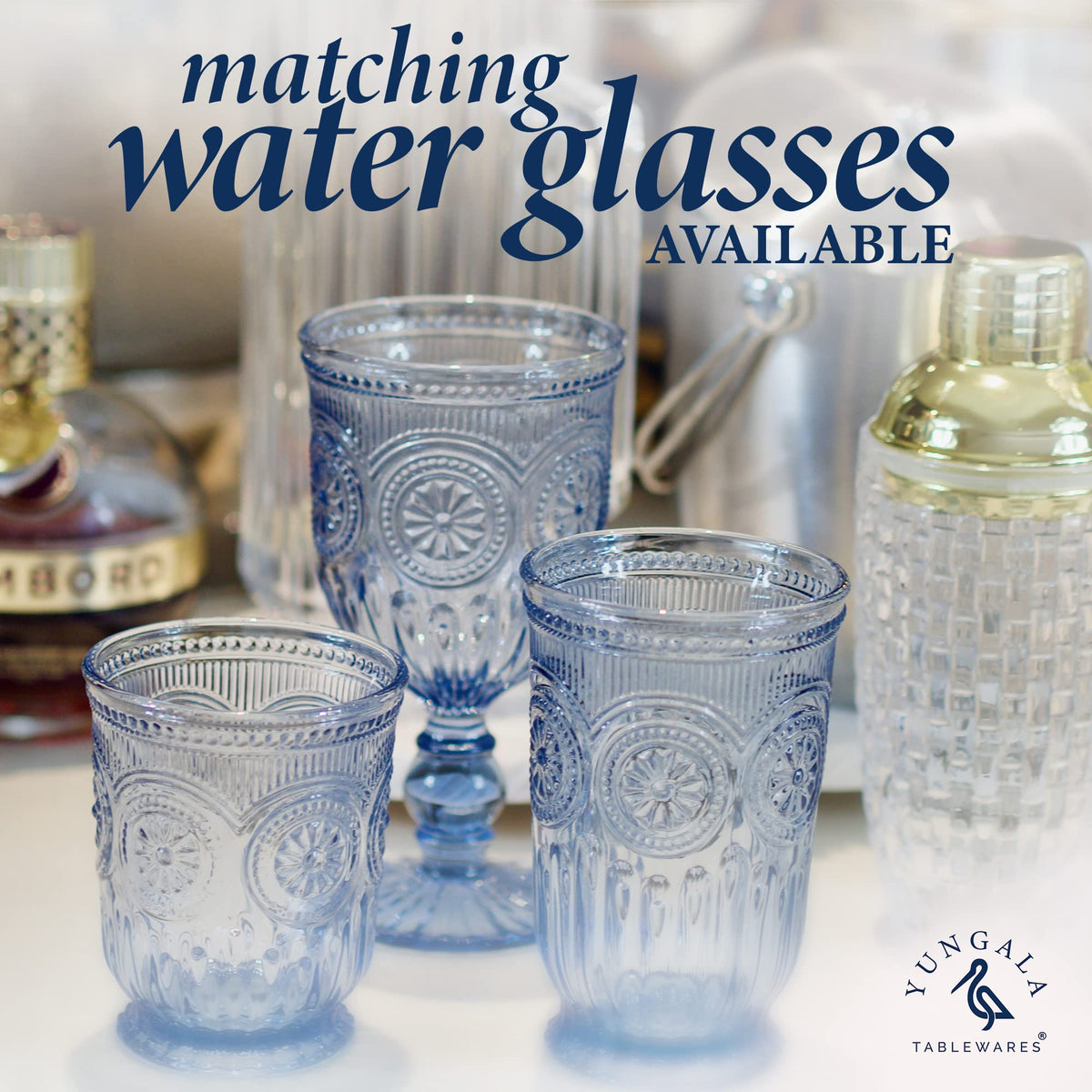 Yungala Sunflower-set blue glassware, cohesive look with champagne flutes.