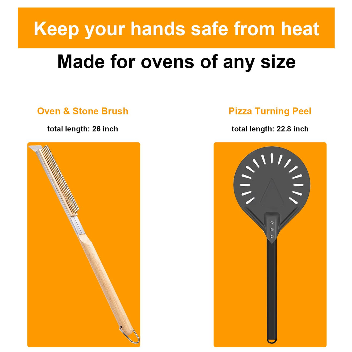 YUNNO pizza oven brush 26-inch long for thorough cleaning after baking.