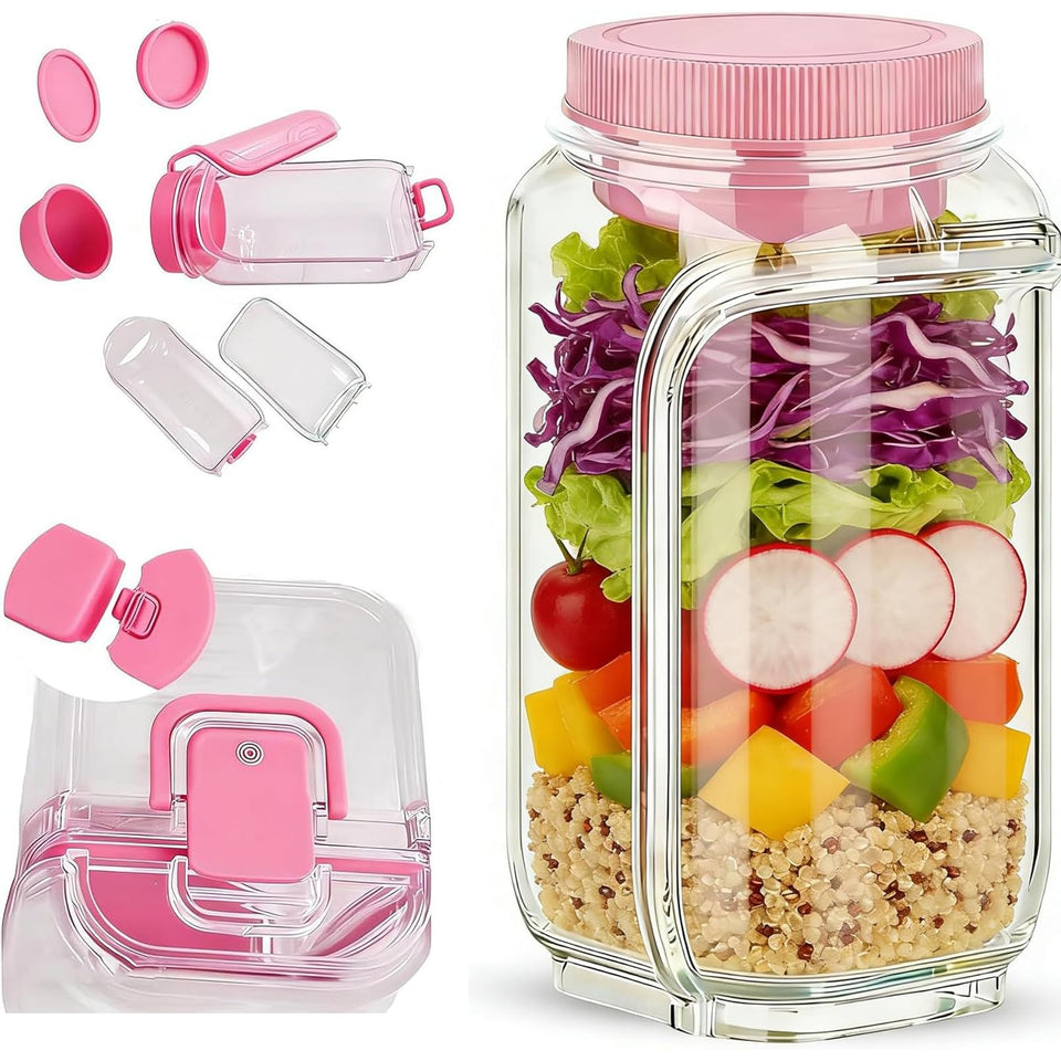 YunPuff salad jar side-opening with dressing compartment for mess-free meals.