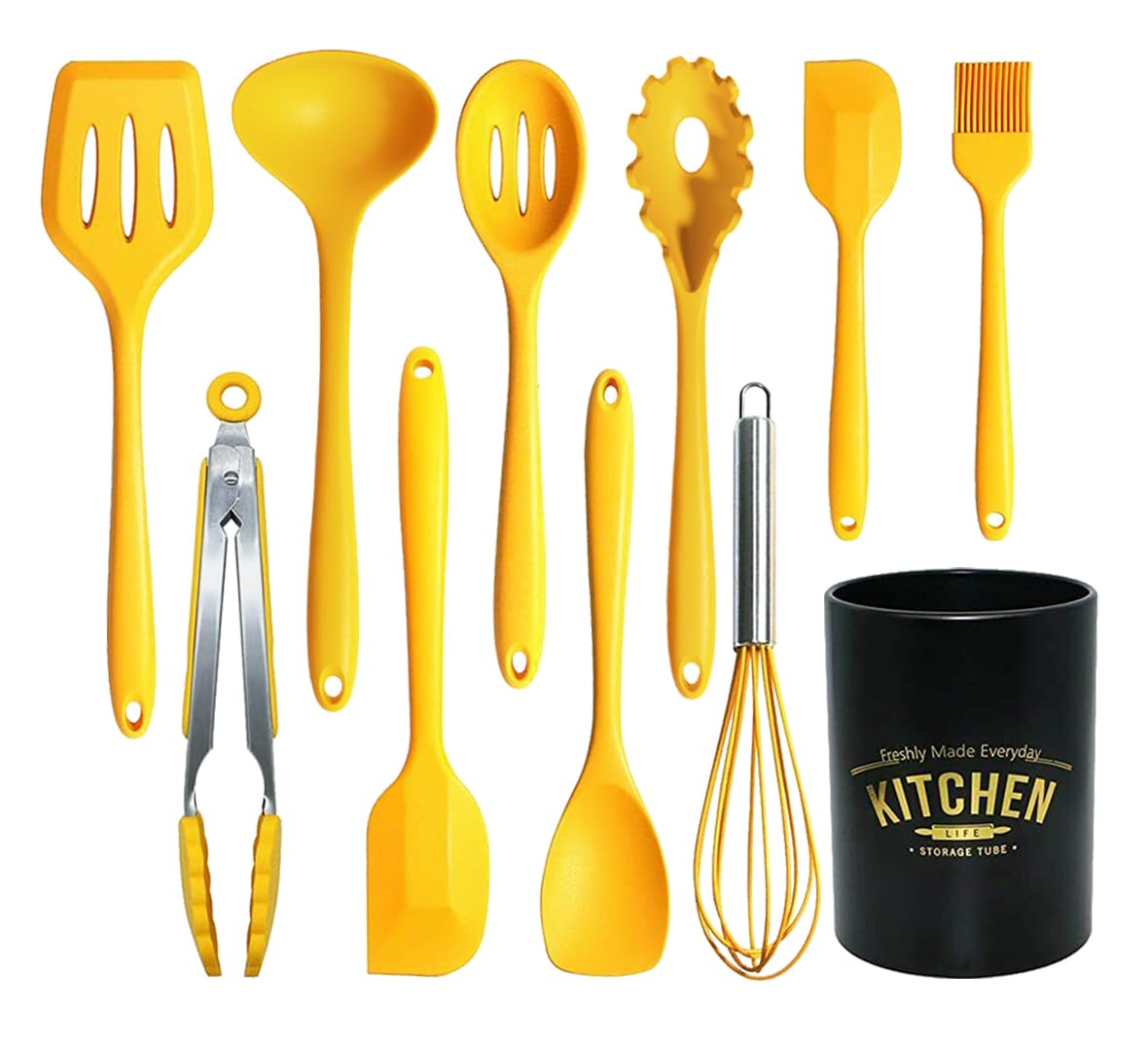 YunWuCloud 11pcs silicone utensils set on yellow counter showing versatile cooking options and non-scratch protection