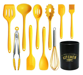 YunWuCloud 11pcs silicone utensils set on yellow counter showing versatile cooking options and non-scratch protection