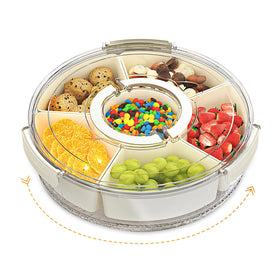 YUNYDSM rotating divided tray with lid offers easy, quick access to snacks.