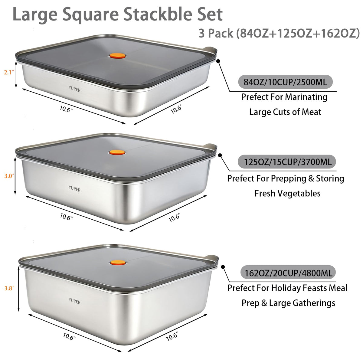 YUPER 125oz stainless steel container preserves batch meals for the week.