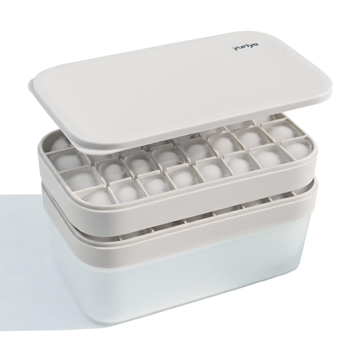 Yuriya ice cube tray with lid and bin keeps cubes organized and leak-free.