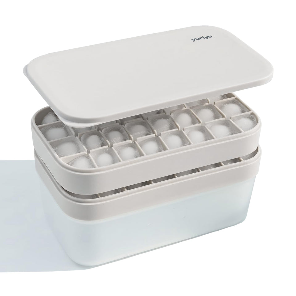 Yuriya ice cube tray with lid and bin keeps cubes organized and leak-free.