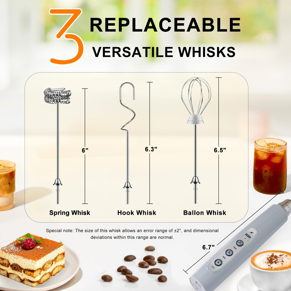 Balloon head beats eggs or cream smoothly with YUSWKO frother.