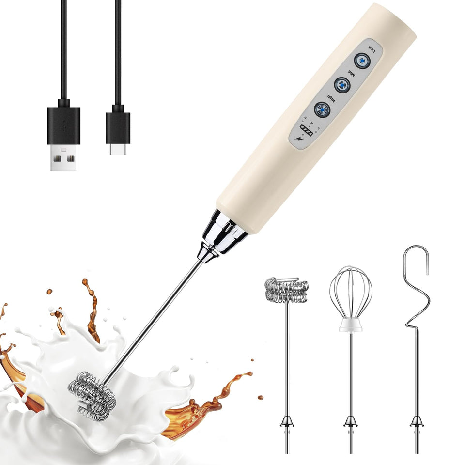 YUSWKO beige handheld milk frother wand for easy coffee foaming