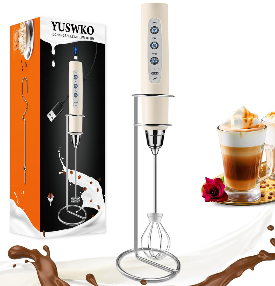 YUSWKO beige milk frother wand for quick, creamy latte foam.