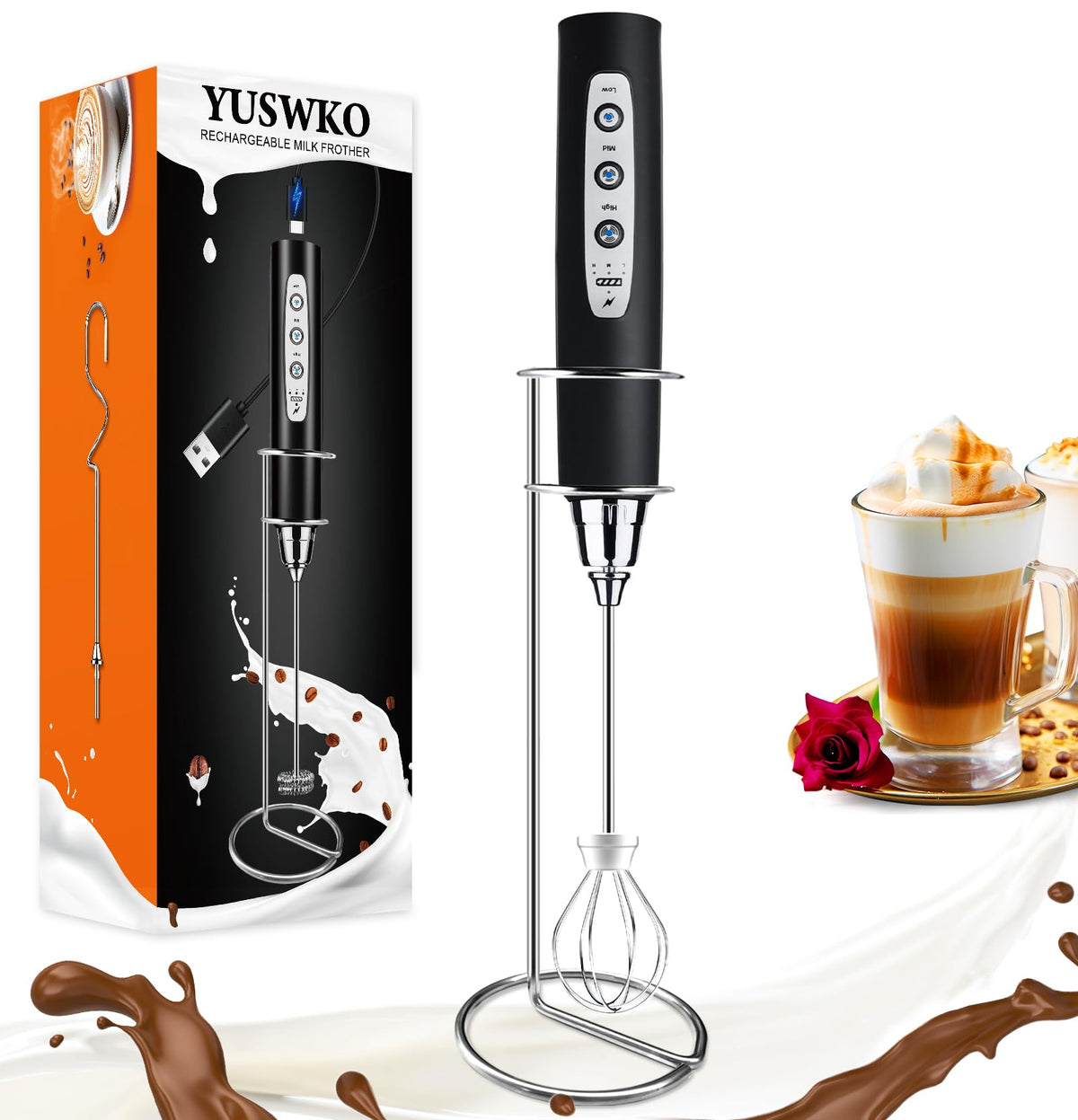 YUSWKO black milk frother on its stand for convenient storage