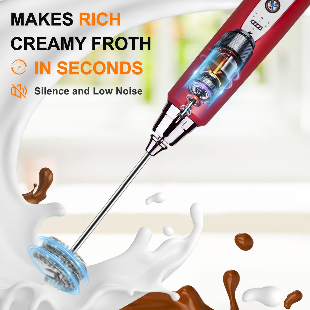 YUSWKO ergonomic handle and low-noise motor for comfortable, quiet frothing.