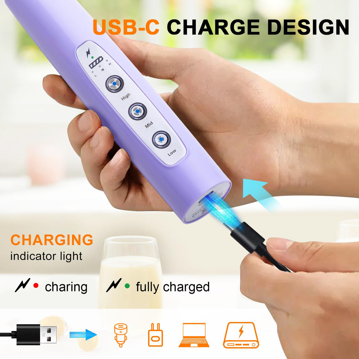 USB charging and 1500mAh battery support cordless, quick use