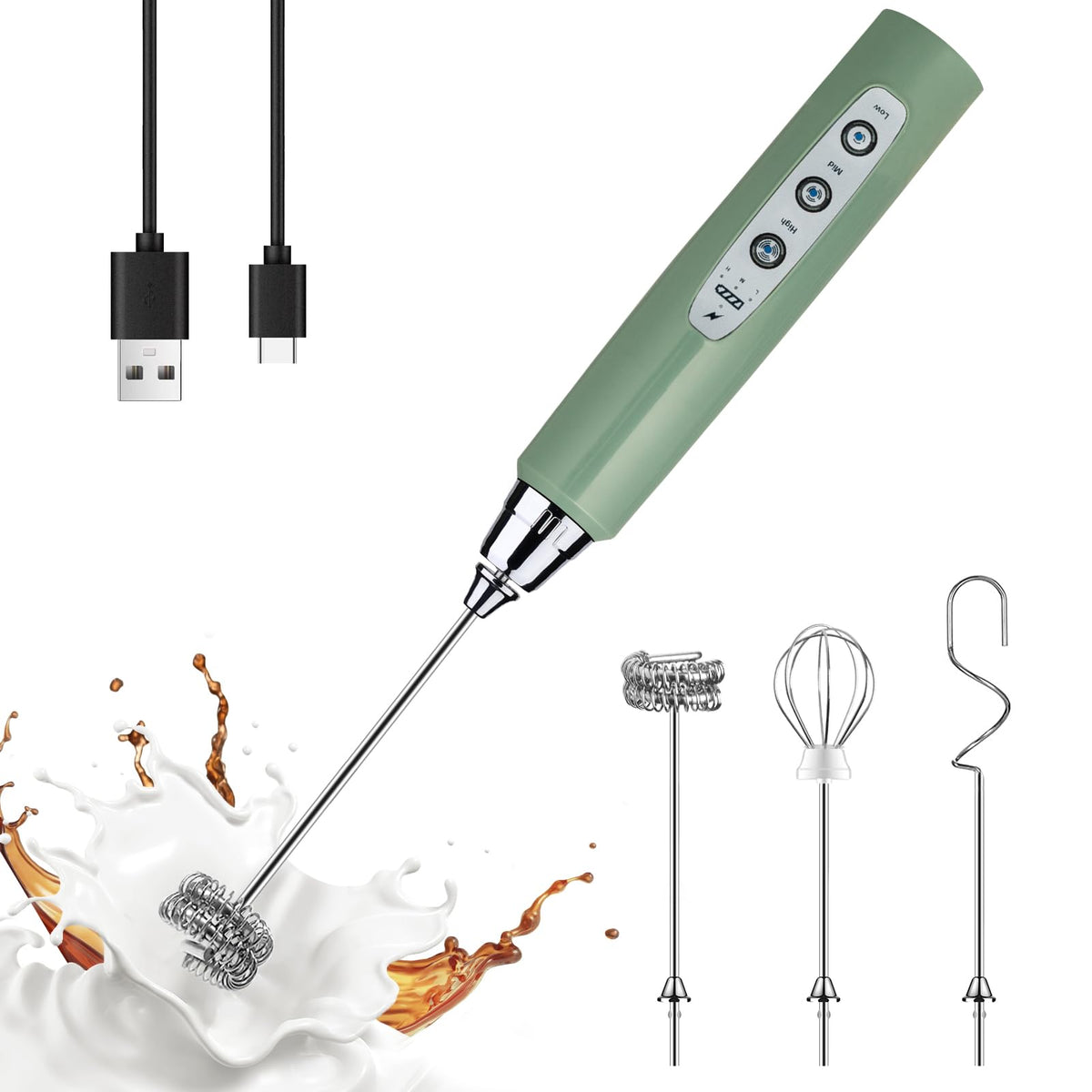 YUSWKO Granite Green Milk Frother front view showing compact design and ease of use