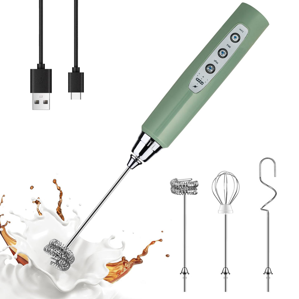 YUSWKO Granite Green Milk Frother front view showing compact design and ease of use