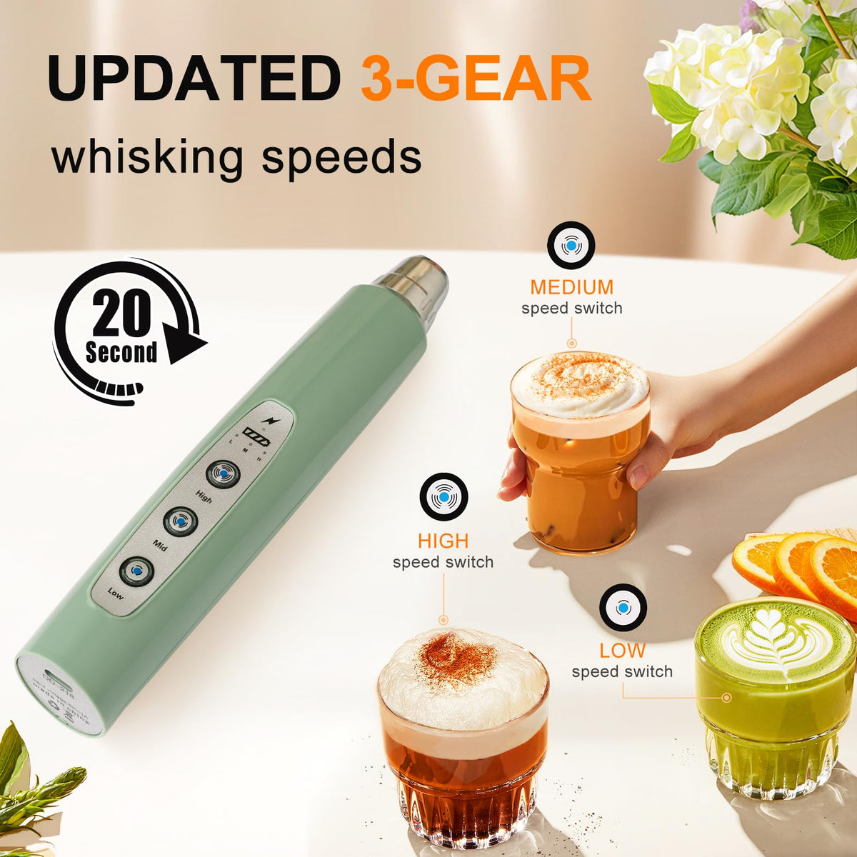 YUSWKO Granite Green milk frother heads assembly with three detachable options