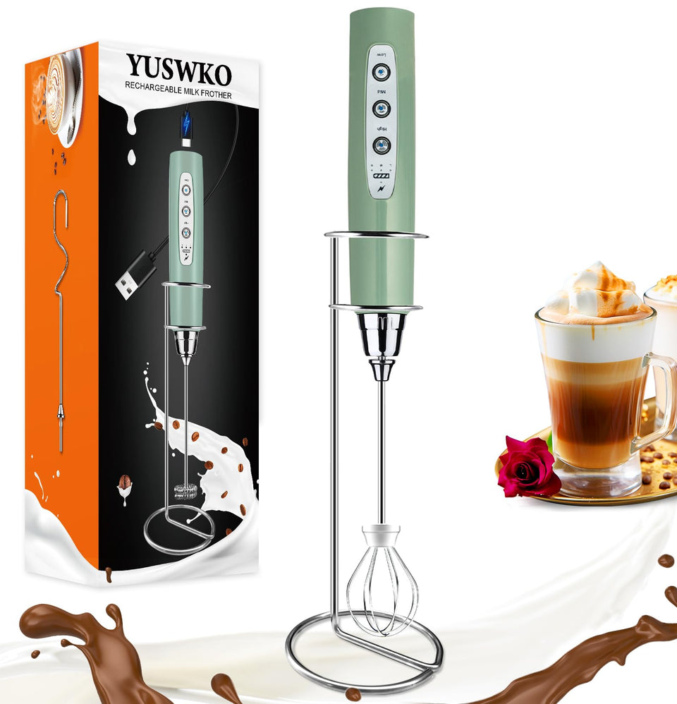 YUSWKO Granite rechargeable milk frother on stand for easy day-to-day use.