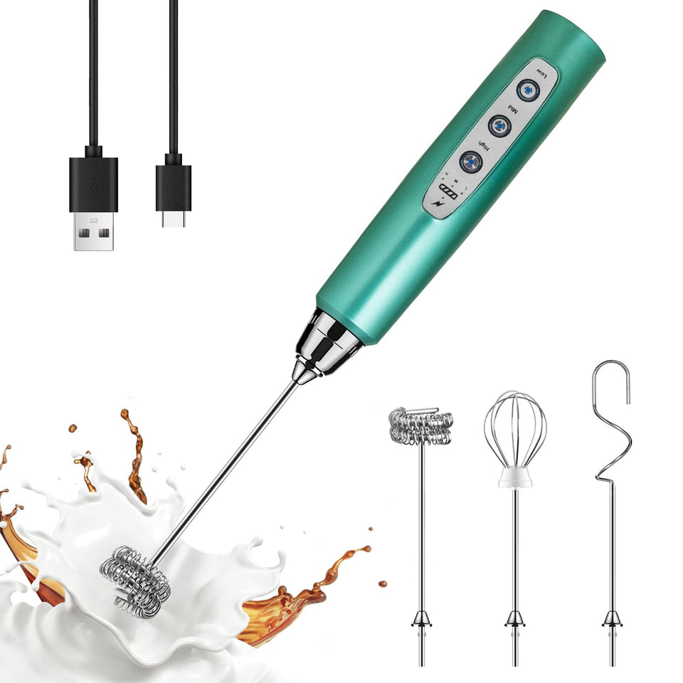 YUSWKO green milk frother wand with ergonomic grip ready to froth milk for lattes