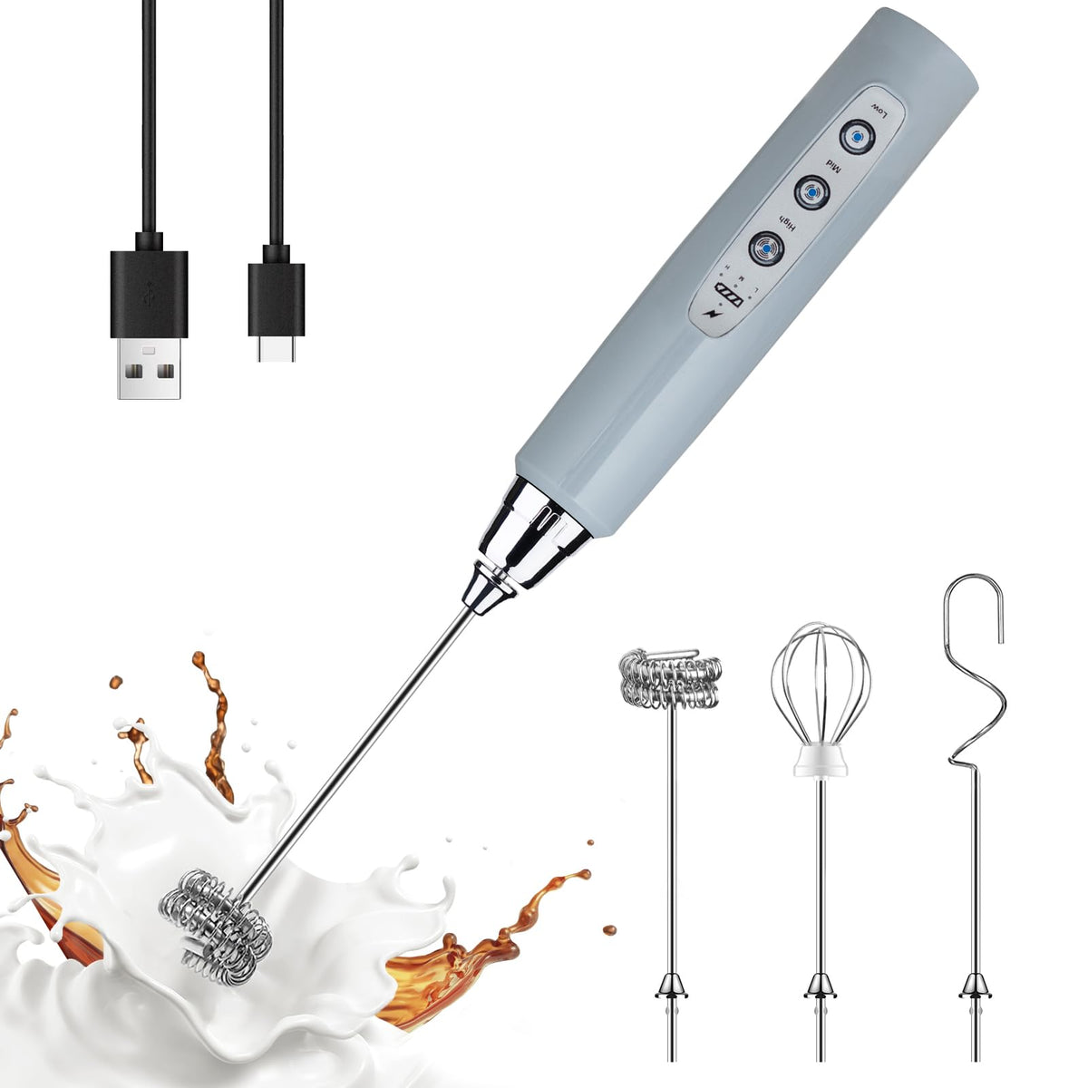 YUSWKO handheld frother with three heads for powder mixing, frothing, and beating eggs.