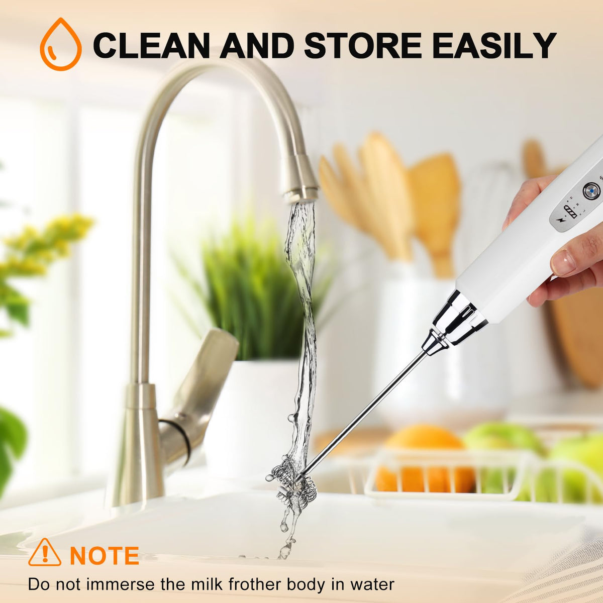 YUSWKO milk frother with battery indicator light for power awareness.