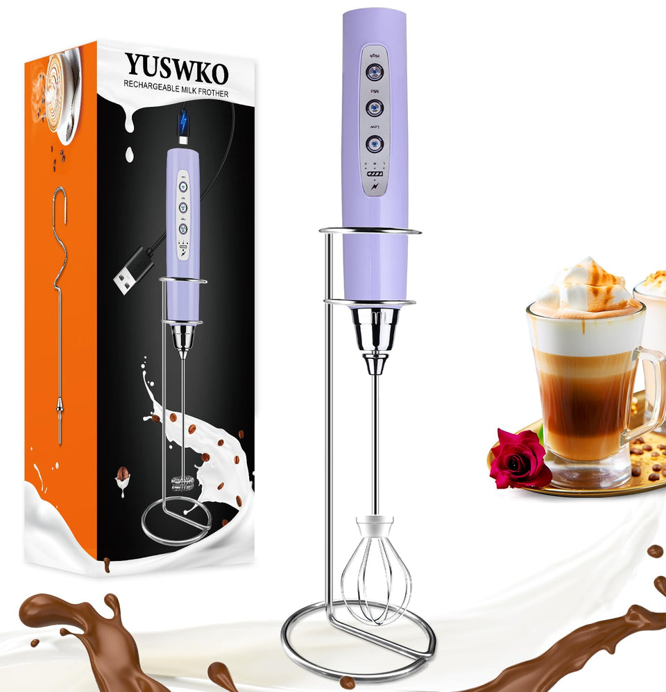 YUSWKO light purple milk frother on its stand creates cafe foam at home