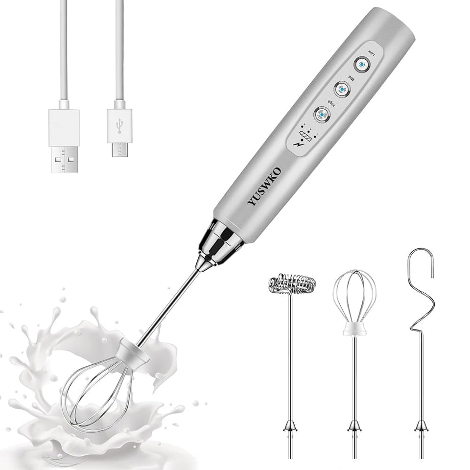 YUSWKO milk frother with three heads for versatile foaming and blending