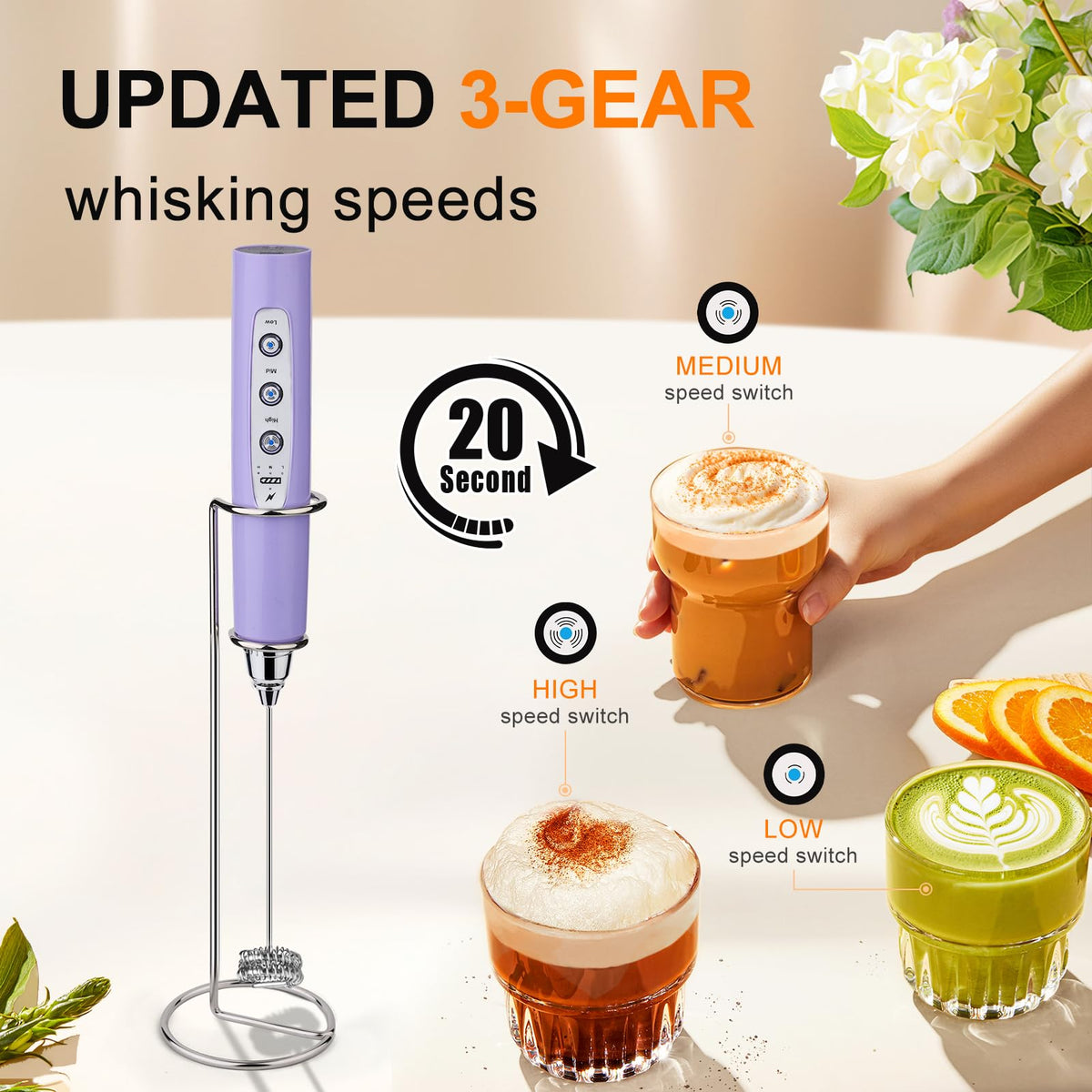 Three detachable heads for frothing, powder blending, and egg beating