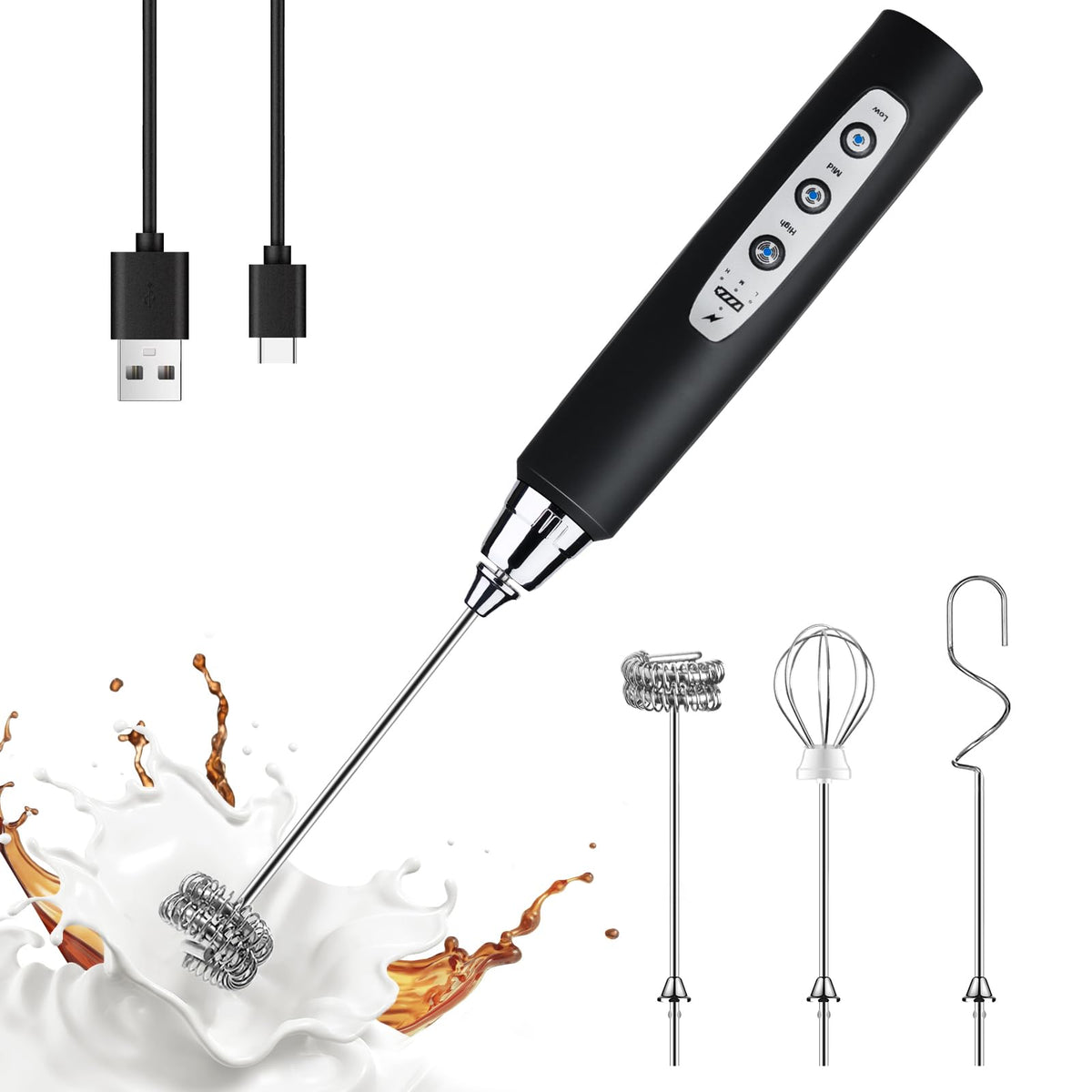 YUSWKO milk frother with three detachable heads for versatile kitchen use.