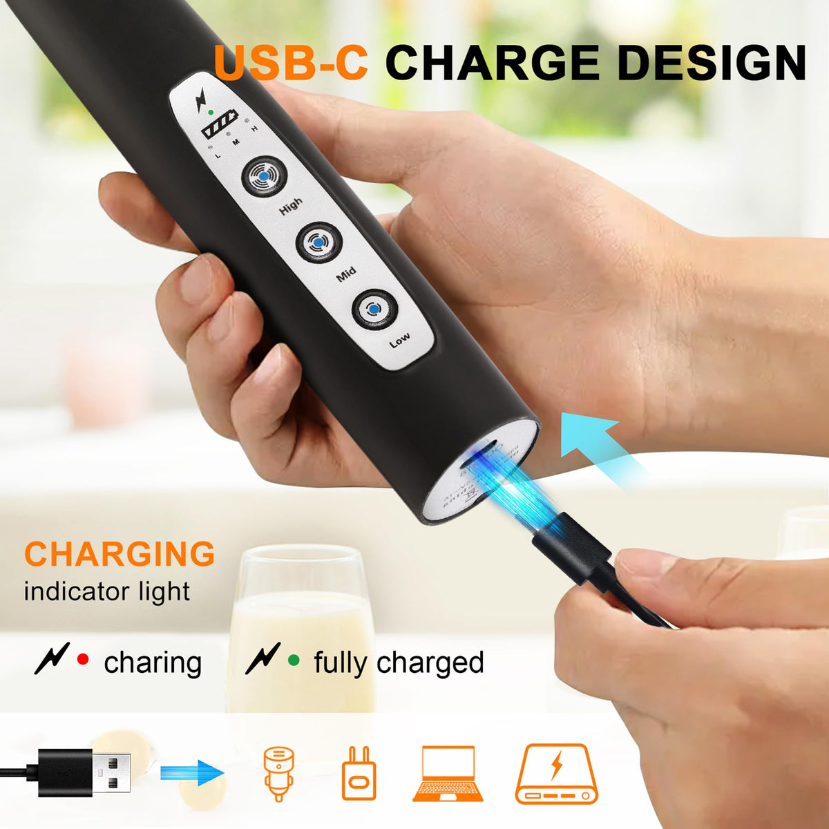 YUSWKO USB-charging frother highlights eco-friendly design and convenience.