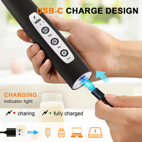 YUSWKO USB-charging frother highlights eco-friendly design and convenience.