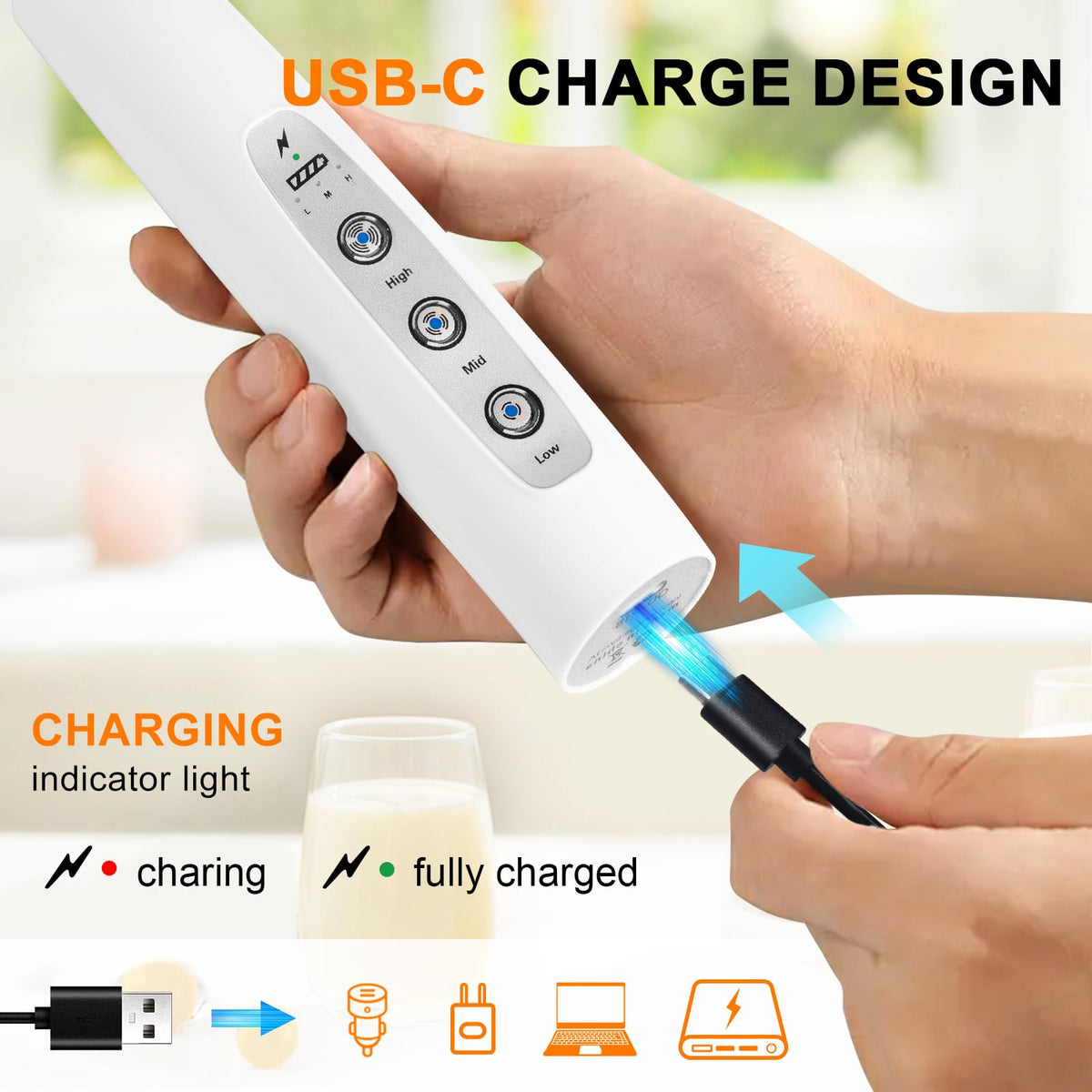 YUSWKO milk frother showing USB charging setup.