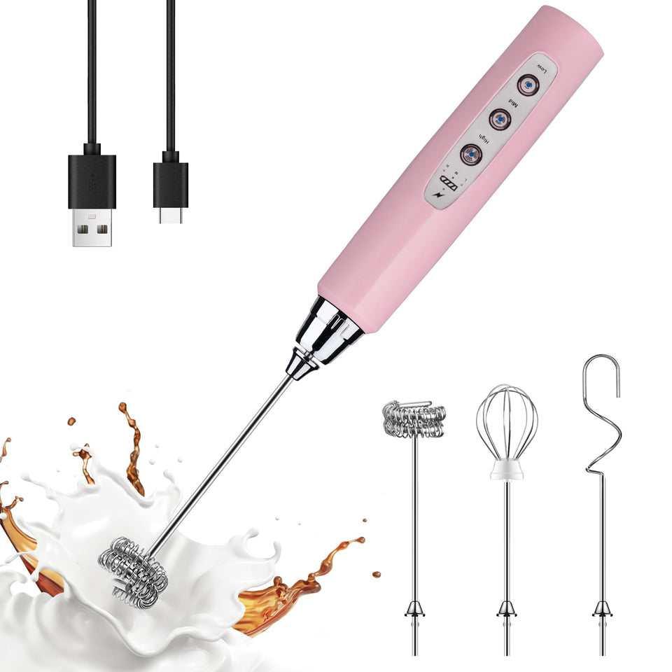 YUSWKO pink handheld milk frother with three heads for versatile foaming.