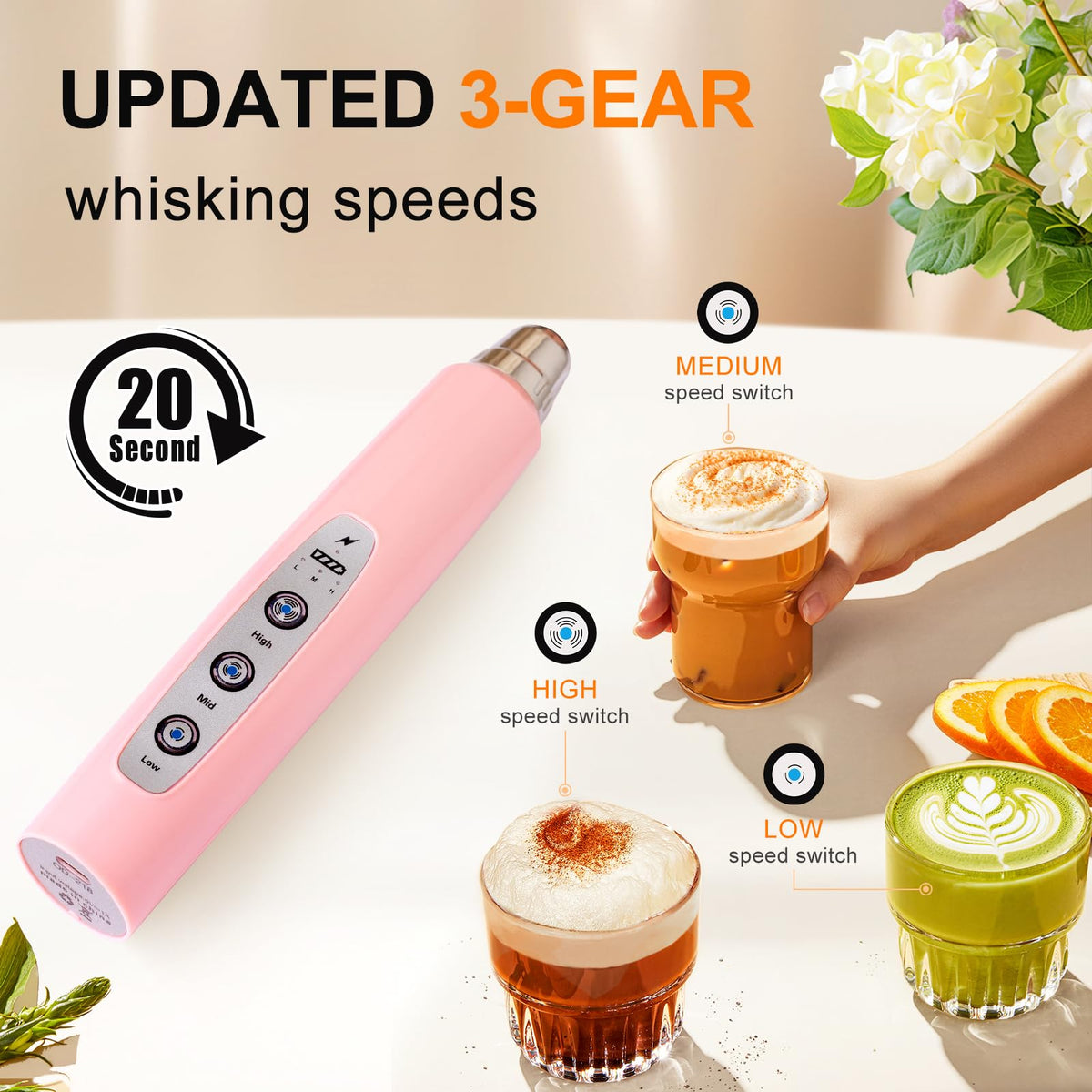 YUSWKO USB-rechargeable frother motor for cordless convenience and quick results.