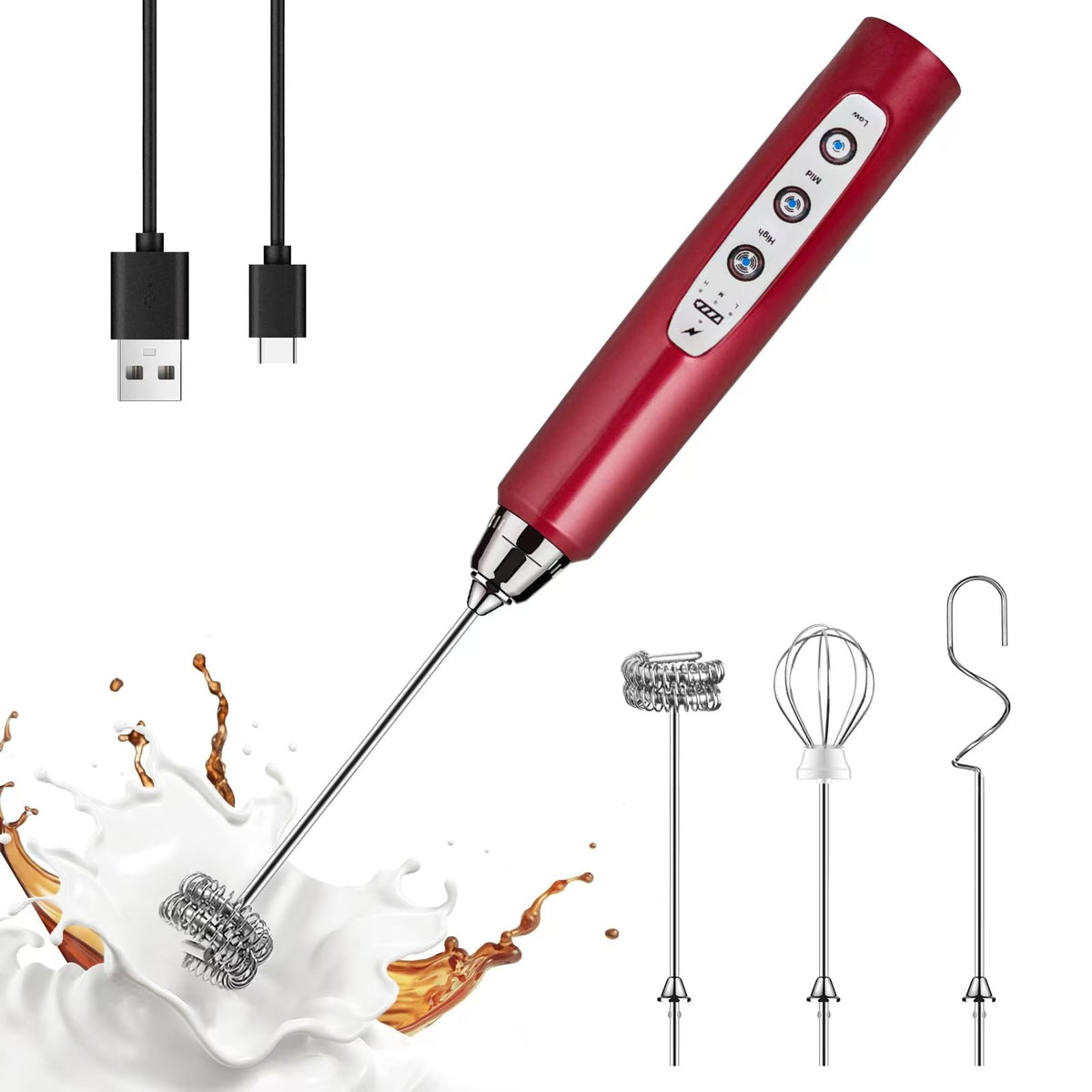YUSWKO red milk frother with 3 heads for rich latte foam.