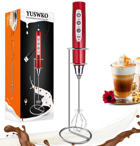 YUSWKO red rechargeable milk frother with stand for quick, convenient countertop frothing.