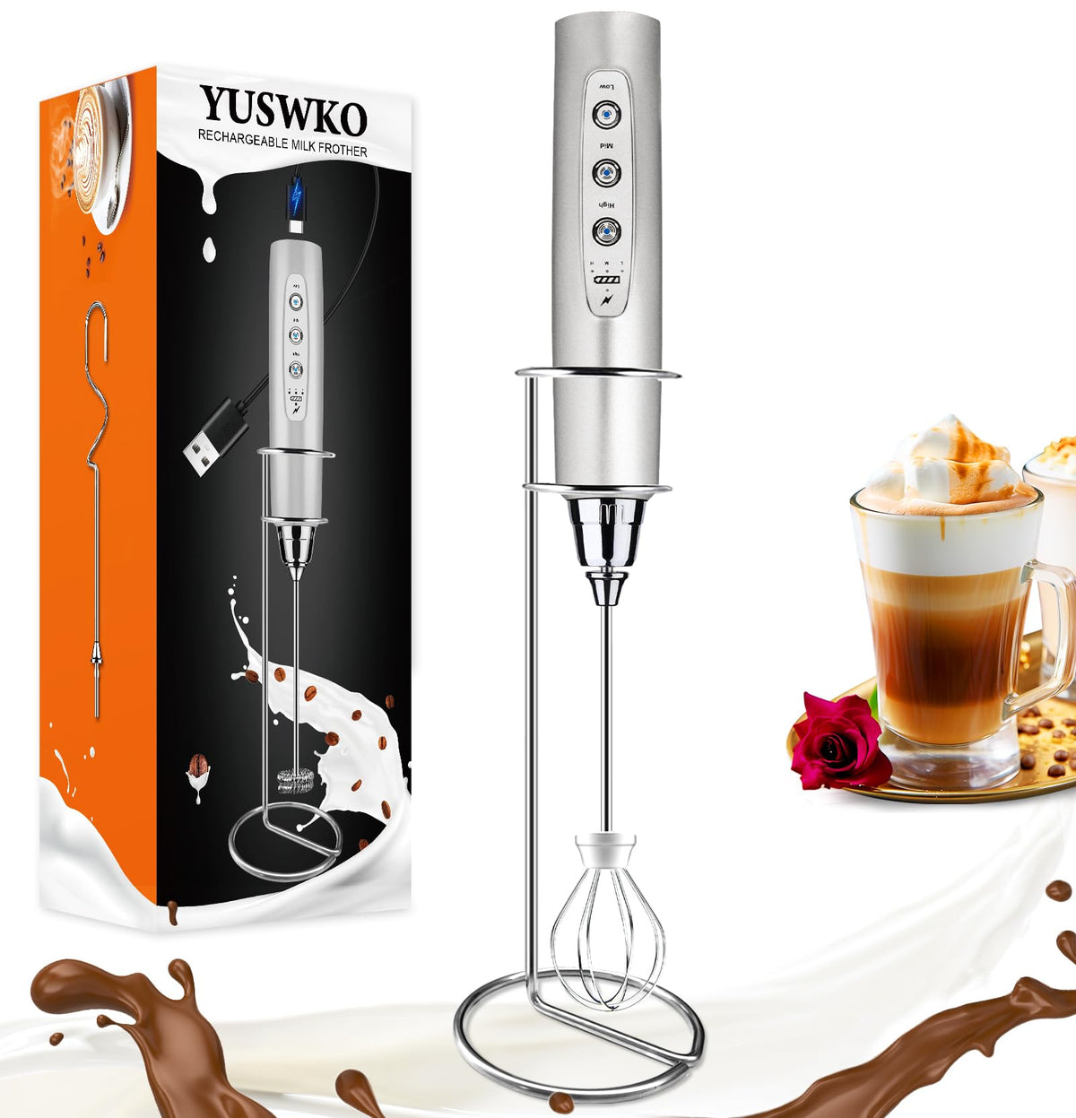 YUSWKO silver rechargeable milk frother with stand for quick, creamy foam at home.