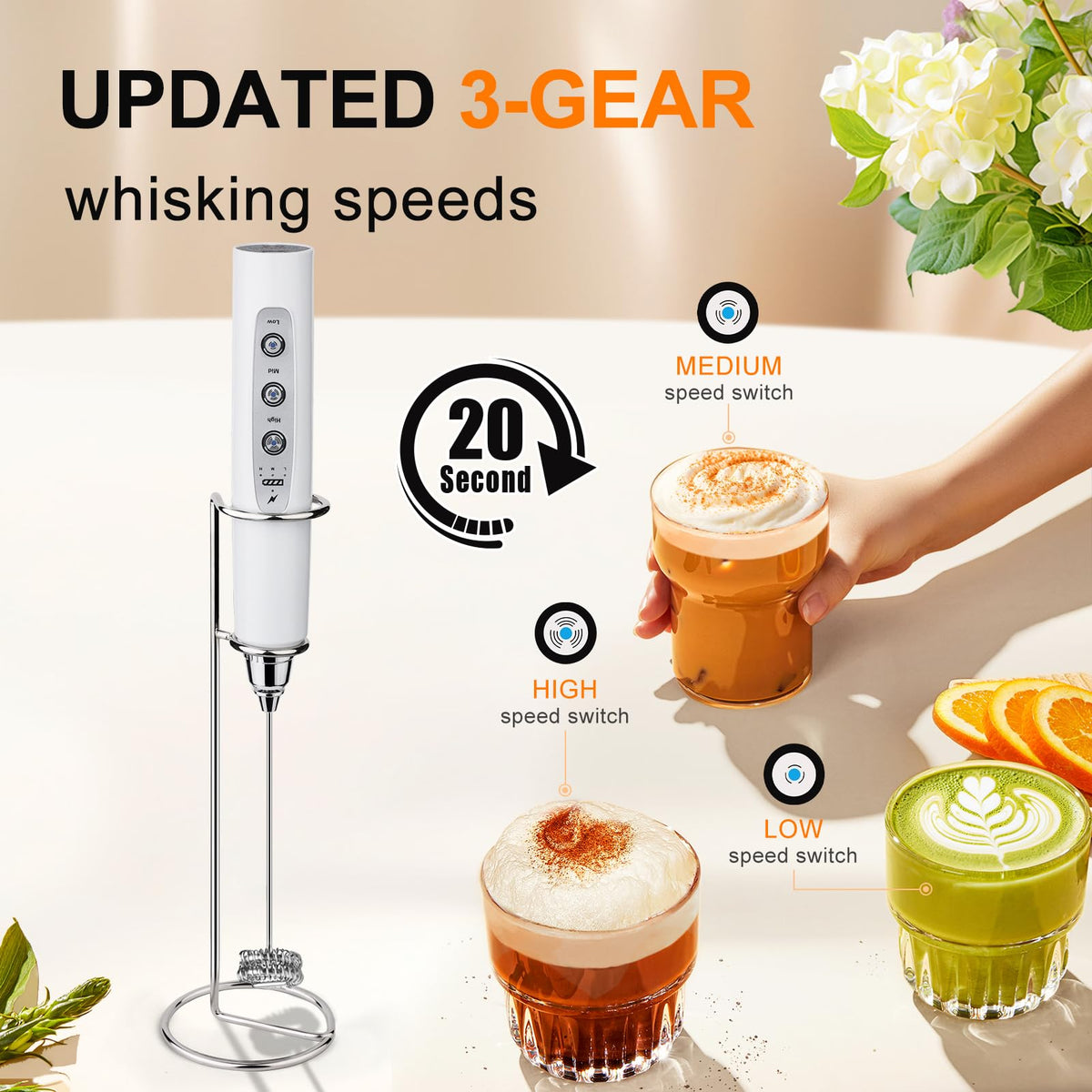 YUSWKO frother with three detachable heads and stainless steel whisk.