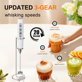YUSWKO frother with three detachable heads and stainless steel whisk.