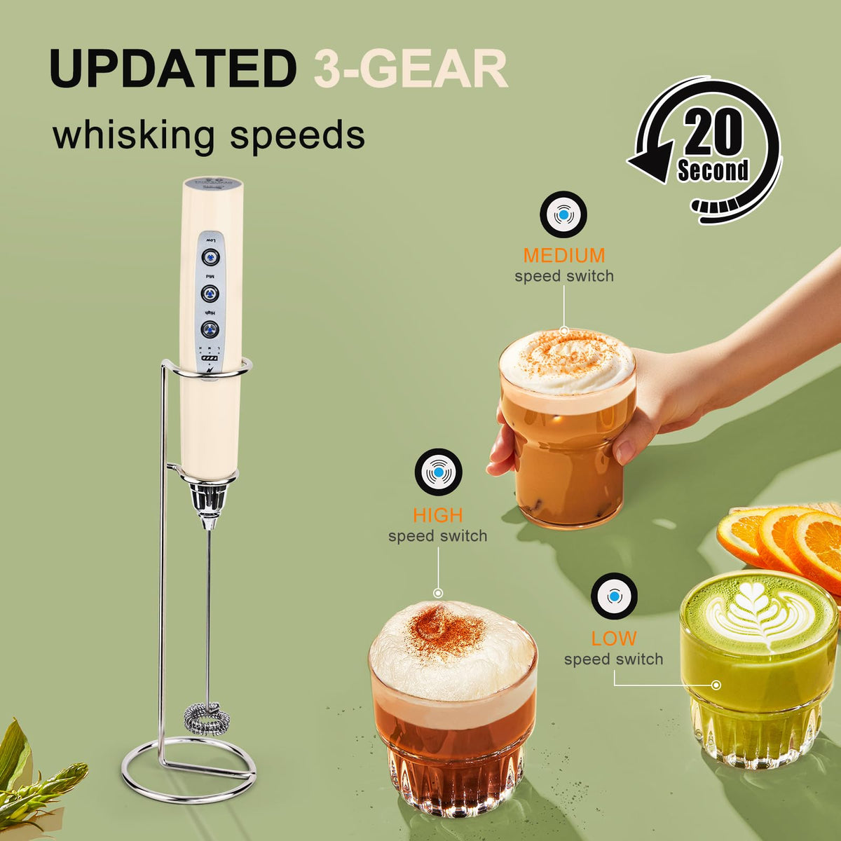 YUSWKO three detachable heads for different frothing and mixing tasks.