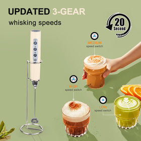 YUSWKO three detachable heads for different frothing and mixing tasks.
