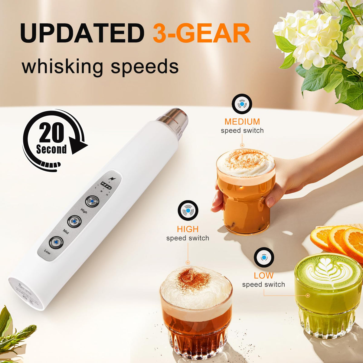 YUSWKO frother with 3 speeds for precise foam.