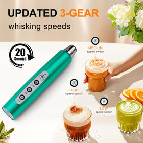 YUSWKO turquoise frother with 3 detachable heads for powders, milk, and eggs