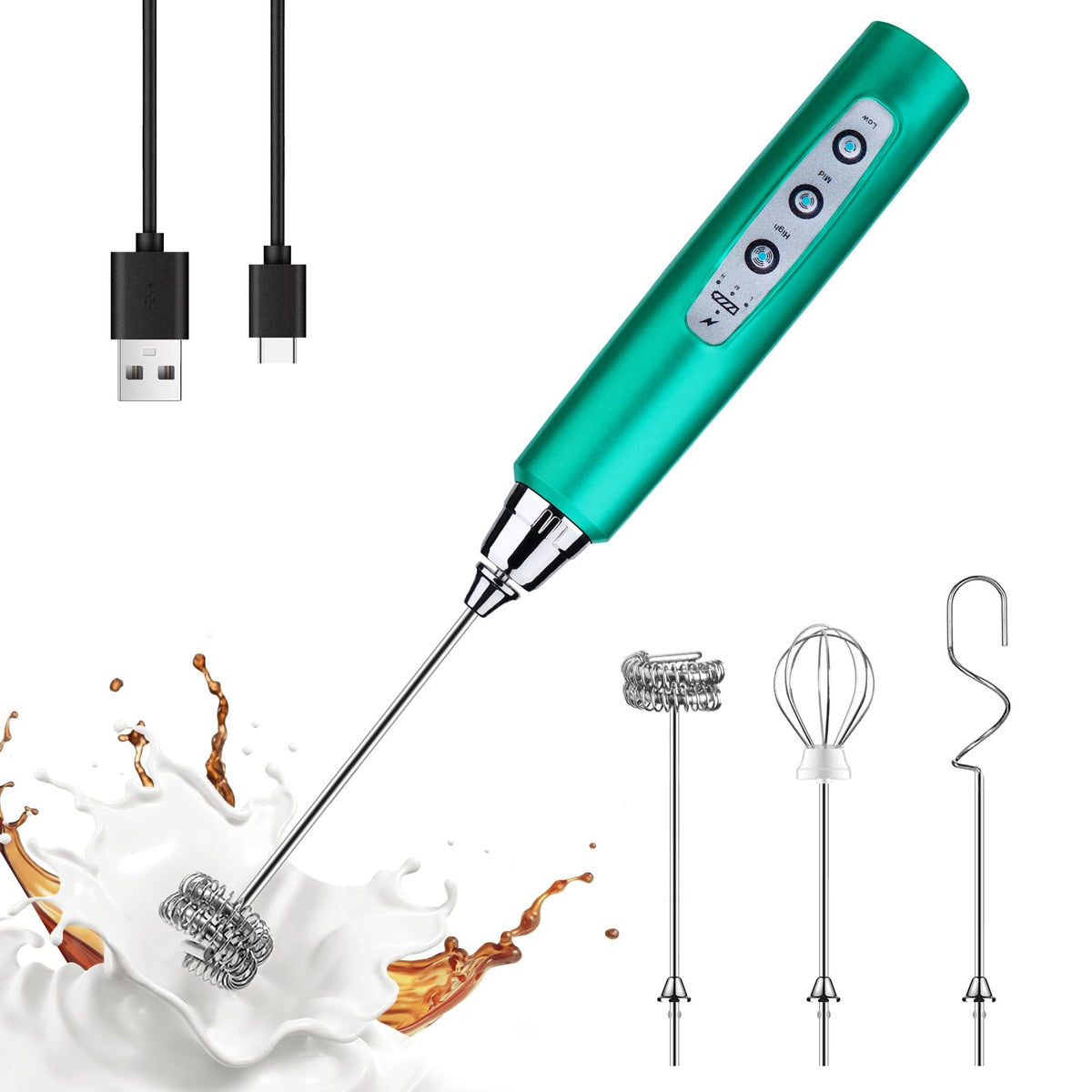 YUSWKO turquoise milk frother wand showcasing compact handheld design for quick froth