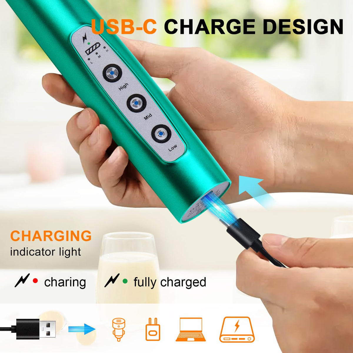 YUSWKO USB rechargeable frother highlighting eco friendly charging